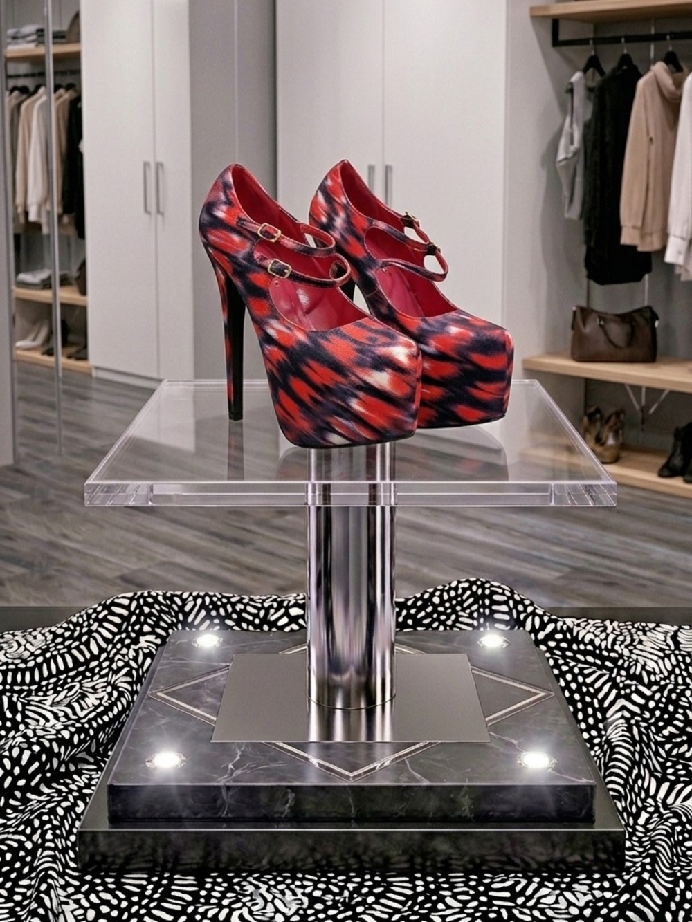 Anne Michelle Red and Black Ikat Platform Mary Jane Pumps